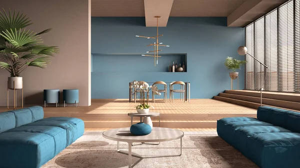 Modern living room in blue tones, hall, open space with parquet oak floor with steps, sofa, carpet and coffee tables, dining table with chairs and lamps, minimal interior design