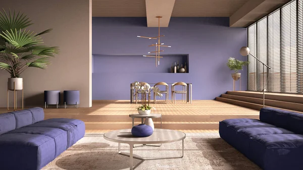 보라색 톤으로 현대식 테이블 응접실 의자와 램프가 최소한의 디자인 — 스톡 사진