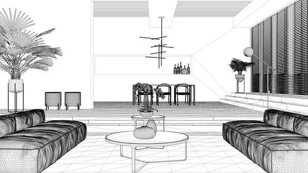 Projet Projet Blueprint Salon Moderne Hall Espace Ouvert Avec Parquet — Photo