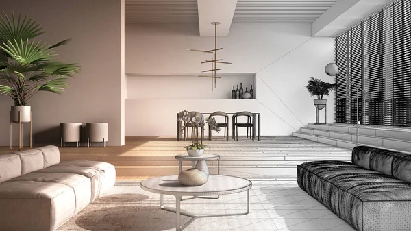 인테리어 디자이너 현대적 최소한의 디자인으로 응접실 공간이 미완성 프로젝트 — 스톡 사진