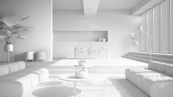ステップ ソファ カーペットやコーヒーテーブル ダイニングテーブル 椅子やランプ 最小限のインテリアデザインと寄木細工の床と総白いプロジェクトの草案 現代的なリビングルーム ホール オープンスペース — ストック写真