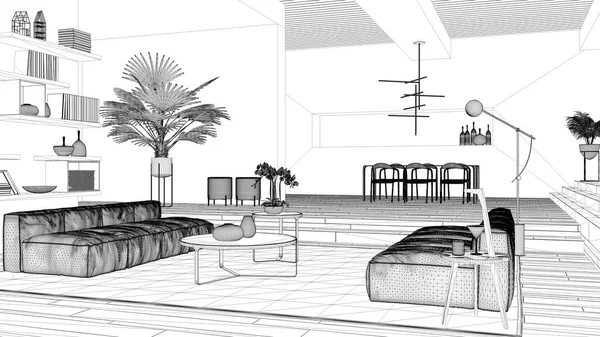Projekt Planu Projektu Nowoczesny Salon Sala Otwarta Przestrzeń Parkietem Schodami — Zdjęcie stockowe