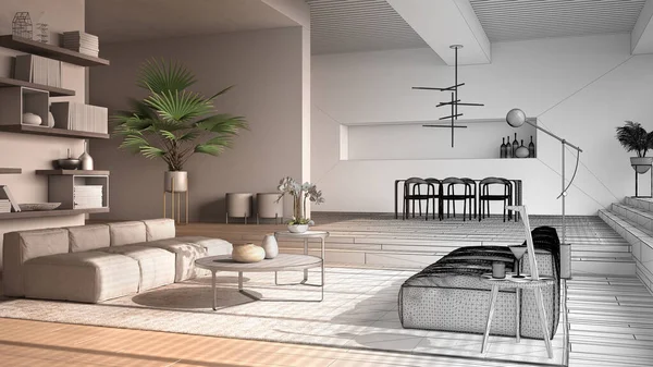 인테리어 디자이너 현대적 최소한의 디자인으로 응접실 공간이 미완성 프로젝트 — 스톡 사진