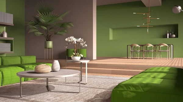 緑のトーン ホール ソファ カーペットやコーヒーテーブルと寄木細工の床とオープンスペースのモダンなリビングルーム 椅子やランプ付きのダイニングテーブル 最小限のインテリアデザイン — ストック写真