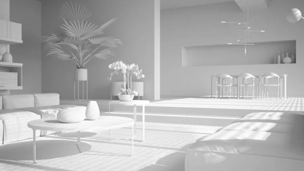 总的白色工程草案 现代客厅 带台阶地板的公共空间 地毯和咖啡桌 椅子和灯具 最低室内设计 — 图库照片