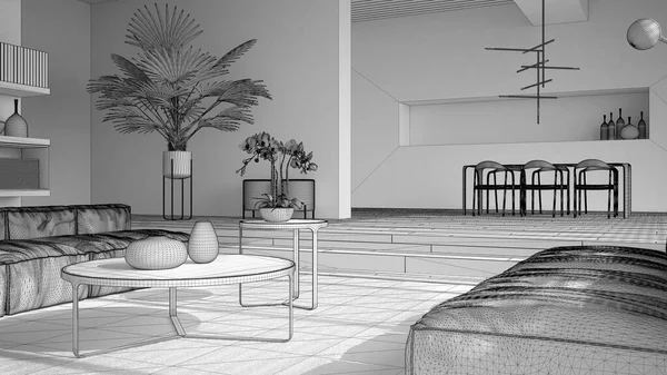 Незавершенный Проект Современная Гостиная Холл Открытое Пространство Паркетным Полом Лестницами — стоковое фото