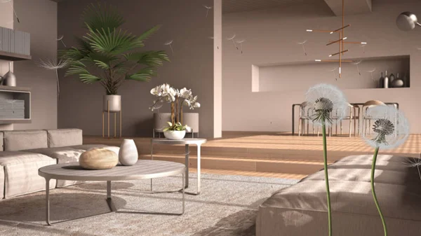 Fluffy airy dandelion with blowing seeds spores over modern living room in beige tones, open space. Interior design idea. Change, growth, movement and freedom concept