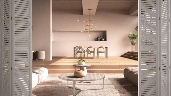 현대적 최소한의 거실에 접이식 색조로 분위기를 커튼이 응접실 건축가 디자이너 — 스톡 사진