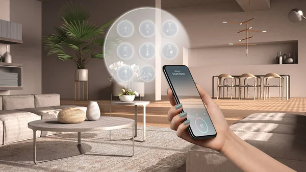 Smart home technology interface on phone app, augmented reality, internet of things, interior design of living room with connected objects, woman hand holding remote control device