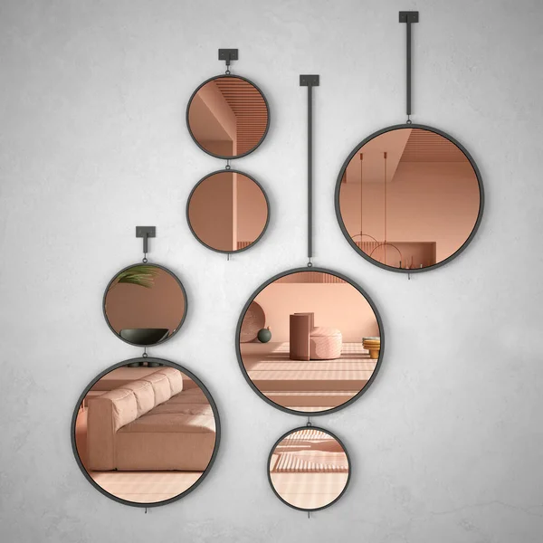 Round mirrors hanging on the wall reflecting interior design scene, colored contemporary living room, pastel rosy colors, sofa, armchair, carpet, tables, steps and potted plants