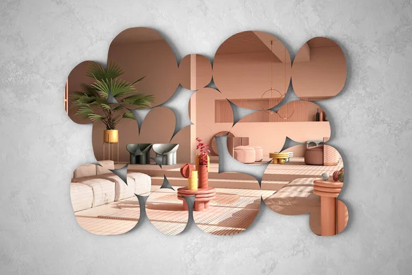 Modern mirror in the shape of pebbles hanging on the wall reflecting interior design scene, colored contemporary living room, pastel rosy colors, sofa, carpet, minimalist architecture