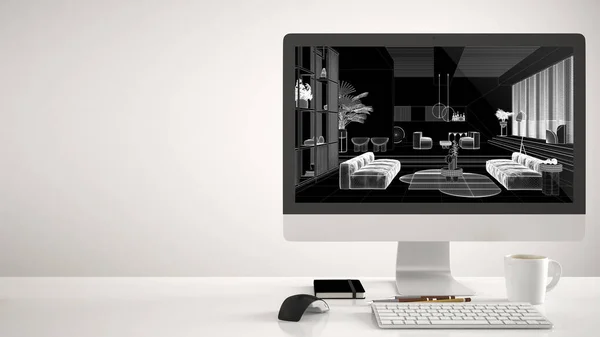 Conceito Projeto Casa Arquiteto Computador Desktop Fundo Branco Mesa Trabalho — Fotografia de Stock