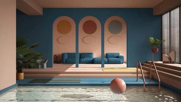 Salon Contemporain Coloré Avec Piscine Couleurs Bleu Pastel Canapé Tapis — Photo