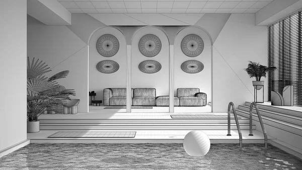 Nedokončený Návrh Projektu Současného Obývacího Pokoje Bazénem Pohovkou Kobercem Výzdobou — Stock fotografie