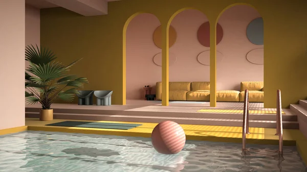 Farbiges Zeitgenössisches Wohnzimmer Mit Pool Pastellgelben Farben Sofa Teppich Dekoren — Stockfoto