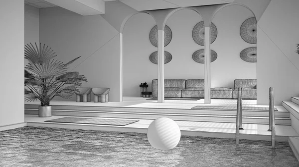 Projeto Inacabado Projecto Sala Estar Contemporânea Com Piscina Sofá Carpete — Fotografia de Stock