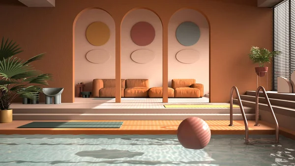 Farbiges Modernes Wohnzimmer Mit Pool Pastellorangen Farben Sofa Teppich Dekor — Stockfoto