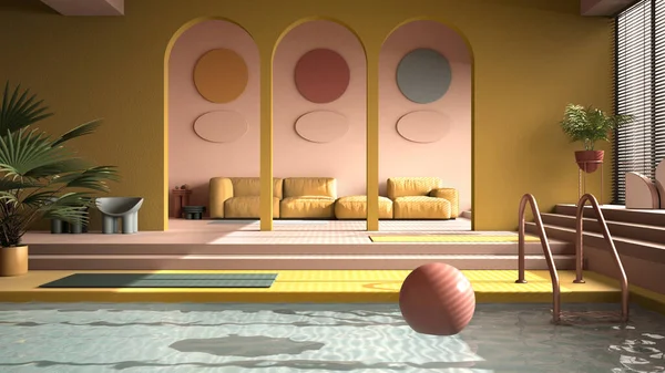 Färgade Moderna Vardagsrum Med Pool Pastell Gula Färger Soffa Matta — Stockfoto