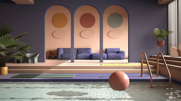 Färgade Moderna Vardagsrum Med Pool Pastell Lila Färger Soffa Matta — Stockfoto