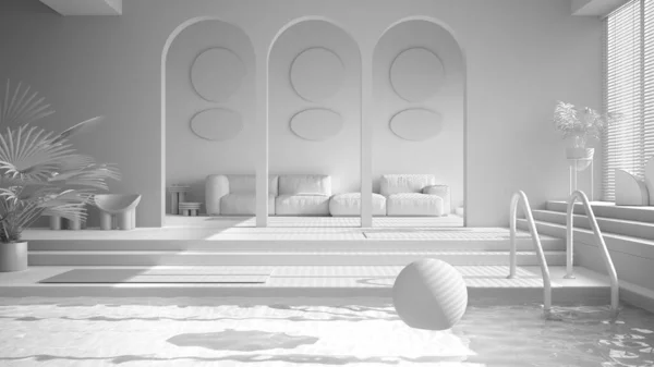 Projeto Branco Total Sala Estar Contemporânea Com Piscina Sofá Carpete — Fotografia de Stock