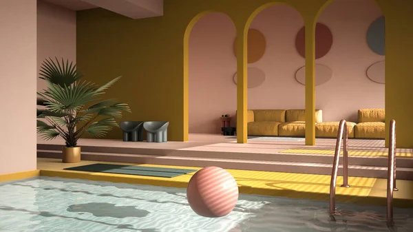 Färgade Moderna Vardagsrum Med Pool Pastell Gula Färger Soffa Matta — Stockfoto
