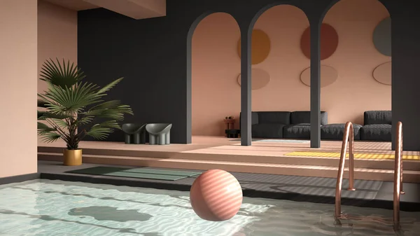 Färgat Modernt Vardagsrum Med Pool Pastellgrå Färger Soffa Matta Inredning — Stockfoto