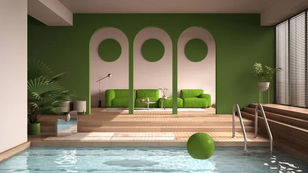 緑の色調でミニマルな色のリビングルーム アーチ ソファ カーペットや鉢植え スイミングプール 現代的なインテリアデザインの寄木細工の床とオープンスペース — ストック写真