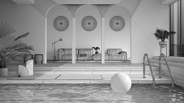 未完成的项目草案 简约的客厅 有台阶 地毯和盆栽的露天场地 游泳池 当代室内设计 — 图库照片