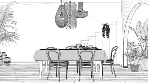 Návrh Projektu Retro Retro Jídelna Stolem Židlemi Snídaně Formou Bufetu — Stock fotografie