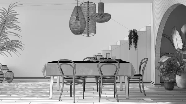 Незавершенный Проект Винтажная Ретро Столовая Столом Стульями Завтрак Шведский Стол — стоковое фото