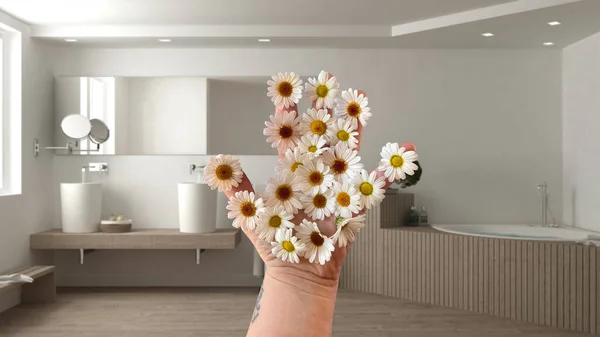 Жінка Тримає Ідею Ромашок Весни Квітів Над Сучасною Білою Спальнею — стокове фото