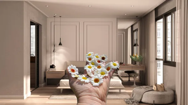 Woman\'s hand holding daisies, spring and flowers idea, over classic minimalist bedroom with double bed, bedside tables and decors, carpet and pouf, interior design concept