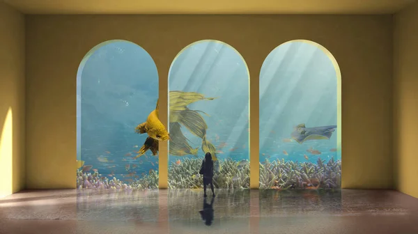 Сюрреалистичный Аквариум Большой Желтой Рыбой Которая Сбегает Клетки Время Молодая — стоковое фото