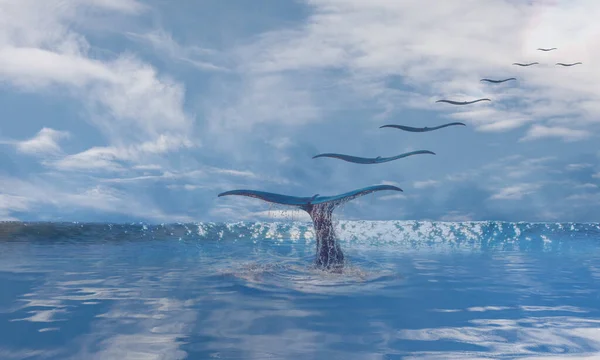 Сюрреалистичный Дальновидный Вид Волну Большой Волной Заднем Плане Чаек Летящих — стоковое фото