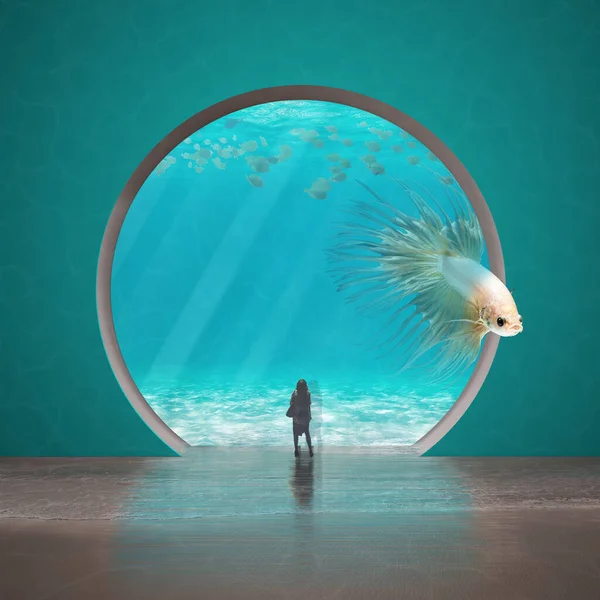 Surreal Visionary Aquarium Turquoise Tones Big Rosy Fish Which Escapes — Stock Photo, Image