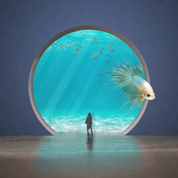 Surreal Visionary Aquarium Blue Tones Big Rosy Fish Which Escapes — Stock Photo, Image