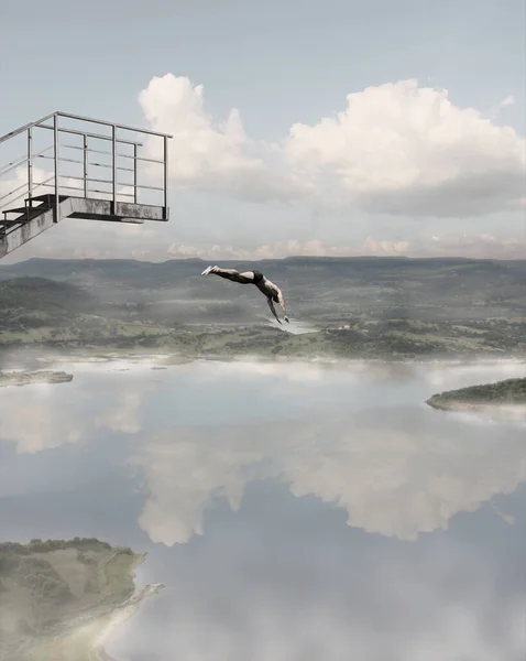 Surreal imaginary lake landscape, brave man jump from a diving platform suspended in air, leap of faith concept idea