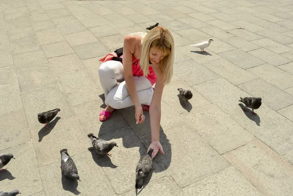 Chica Alimenta Las Manos Palomas Venecia Plaza San Marco — Foto de Stock