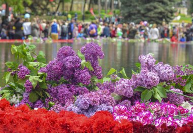 Kırmızı karanfil ve leylak mermer bir askeri anıt üzerinde