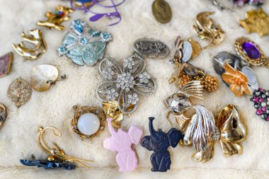 Fransa 'daki bit pazarında satılan antika broşlar.