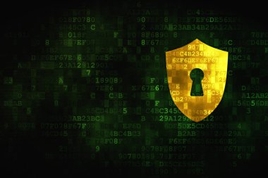 Emniyet konsepti: kalkan ile Keyhole dijital arka plan üzerinde