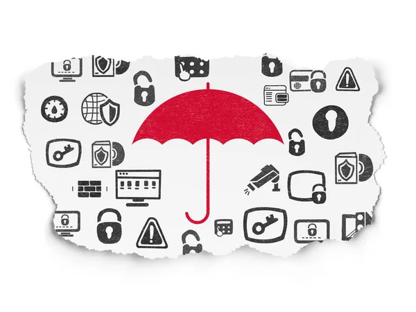Koncepce ochrany: deštník na roztrhané papírové pozadí — Stock fotografie