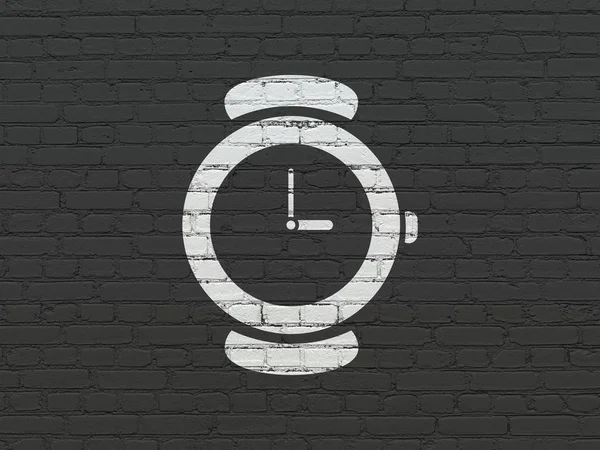 타임 라인 개념: 벽 바탕에 손 시계 — 스톡 사진