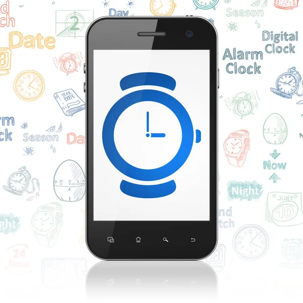 Concept de temps : Smartphone avec montre à main à l'écran — Photo