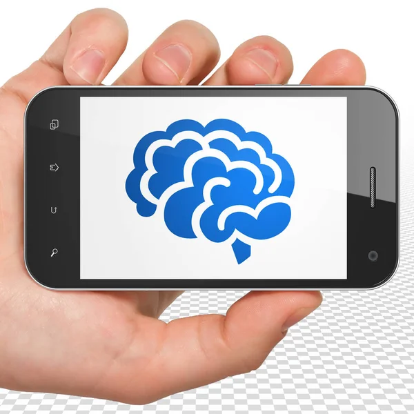 Concepto científico: Smartphone de mano con cerebro en pantalla — Foto de Stock