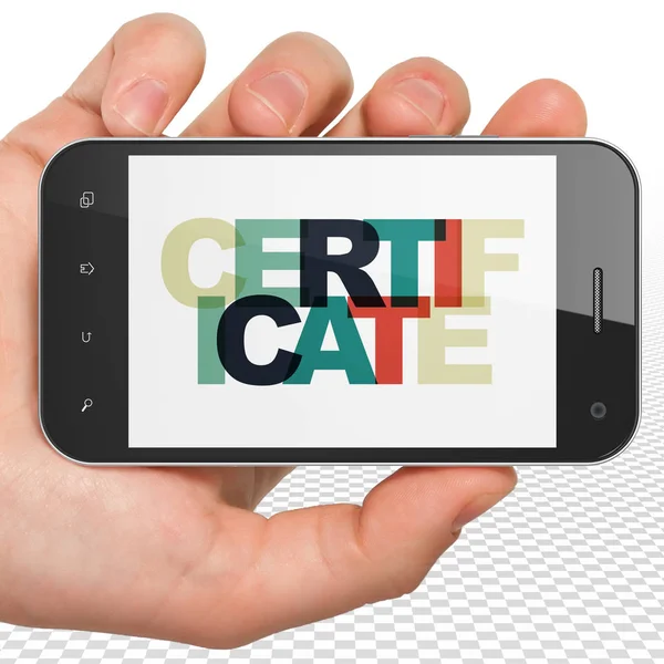 Wet concept: Hand Holding Smartphone met certificaat op display — Stockfoto