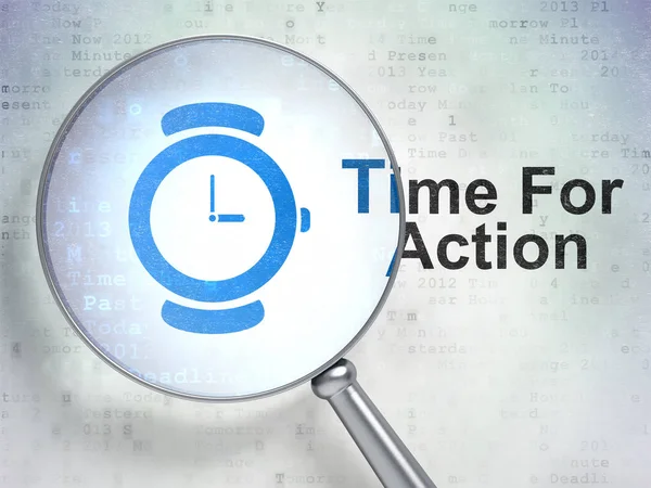 Tijdlijn concept: Hand horloge en tijd voor actie met optisch glas — Stockfoto
