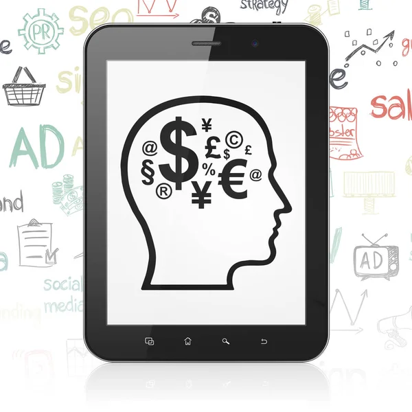Концепция рекламы: планшетный компьютер с головой с финансовым символом на дисплее — стоковое фото
