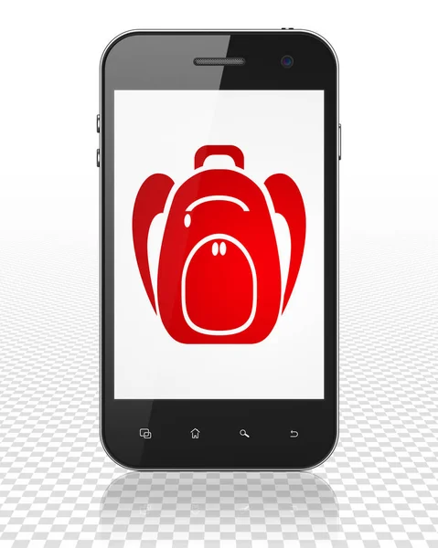 Lärande koncept: Smartphone med ryggsäck på displayen — Stockfoto