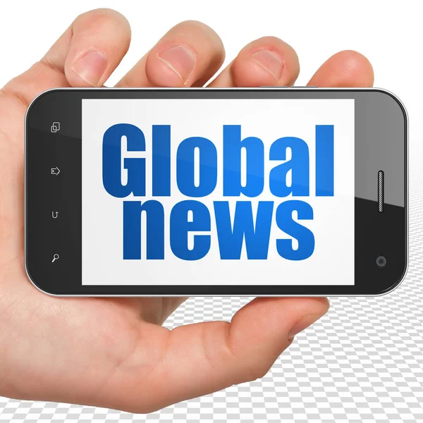 News concept: Hand Holding Smartphone with Global News on display — Stock Photo, Image